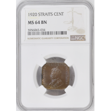 Straits Settlements 1 cent 1920, NGC MS64 BN, "King George V (1911 - 1935)"