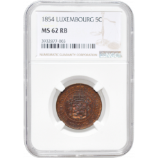 Luxembourg 5 centimes 1854, NGC MS62 RB, "Duke William III (1849-1890)" Top Pop