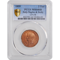 Naples & Sicily 2 tornesi 1859, PCGS MS64 RB, "King Francis II (1859 - 1860)"