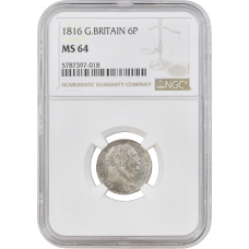 Great Britain 6 pence 1816, NGC MS64, "King George III (1760 - 1820)"