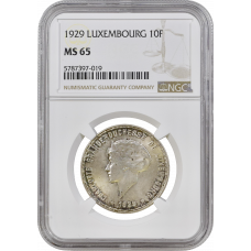 Luxembourg 10 francs 1929, NGC MS65, "Grand Duchess Charlotte (1918 - 1964)"