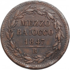 Papal States 1/2 baiocco 1847 R, XF, "Pope Pius IX (1846 - 1878)"