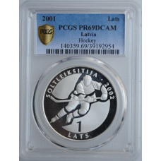 Latvia 1 lats 2001, PCGS PR69, "XIX winter Olympics, Salt Lake City - Hockey"