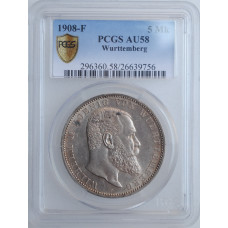 Wurttemberg 5 mark 1908, PCGS AU58, "King William II (1891 - 1918)"