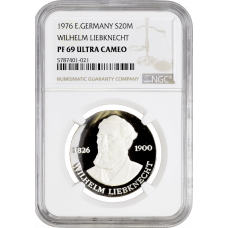 Germany - GDR 20 mark 1976, NGC PF69 UC, "150th Anniversary - Birth of Wilhelm Liebknecht" Top Pop