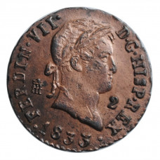 Spain 2 maravedis 1833, UNC, "King Ferdinand VII (1813 - 1833)"