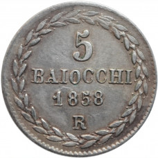 Papal States 5 baiocchi 1858 XIIIR, AU, "Pope Pius IX (1846 - 1878)"