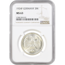 Germany 3 mark 1924 F, NGC MS63, "Weimar Republic (Mark) (1919 - 1925)"