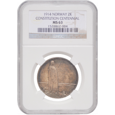 Norwegen 2 Kronen 1914, NGC MS63, "100. Jahrestag - Verfassung von Norwegen"