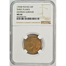 France 20 francs 1950 B, NGC MS66, "Fourth Republic (1944 - 1959)" RARE