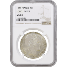 France 20 francs 1933 (ll), NGC MS63, "Third Republic (1870 - 1941)"