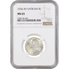 Vatikan 5 Lire 1936, NGC MS65, "Papst Pius XI (1929 - 1938)"