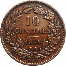 Luxembourg 10 centimes 1865 A, XF, "Grand Duke William III (1849 - 1890)"