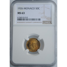 Monaco 50 centimes 1926, NGC MS63, "Prince Louis II (1922 - 1949)"