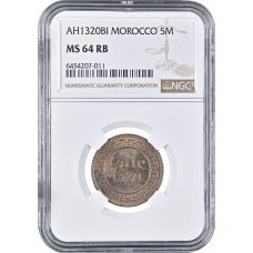 Morocco 5 mazunas AH 1320 (1902) BI, NGC MS64 RB, "Sultan Abdelaziz (1894 - 1908)" Top Pop