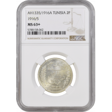 Tunisia 2 francs AH 1335 (1916/5),  NGC MS63+, "French protectorate (1890 - 1957)" Top Pop