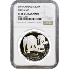 Cambodia 20 riels 1993, NGC PF66 UC, "Protection of Nature - Elephant"