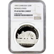 Cambodia 20 riels 1995, NGC PF69 UC, "Prehistoric Animals - Monoclonius" Top Pop