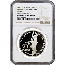 Ungarn 200 Forint 1980, NGC PF68 UC PIEDFORT, "XIII. Olympische Winterspiele, Lake Placid 1980"