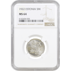 Estonia 5 marka 1922, NGC MS64, "1st Republic (Mark) (1922 - 1927)"