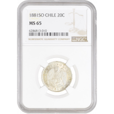 Chile 20 centavos 1881 So, NGC MS65, "Republic of Chile (1851 - 1898)"