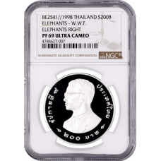 Thailand 200 baht 1998, NGC PF69, "World Wide Fund - Elephants" Top Pop