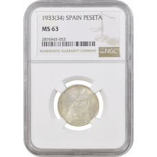 Spain 1 peseta 1933 (34), NGC MS63, "Second Republic (1931 - 1939)"