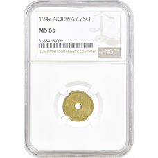 Norwegen 25 Öre 1942, NGC MS65, "König Haakon VII (1906 - 1957)"