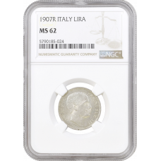 Italy 1 lira 1907 R, NGC MS62, "King Vittorio Emanuele III (1900 - 1946)"