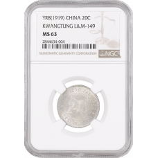 China - Republic 20 cents 1919, NGC MS63, "Province Kwangtung (1912 - 1930)"