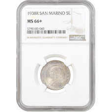 San Marino 5 lire 1938 R, NGC MS66+, "Republic of San Marino (1864-1938)" TopPop