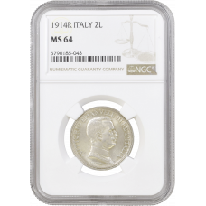 Italy 2 lire 1914 R, NGC MS64, "King Vittorio Emanuele III (1900 - 1946)"