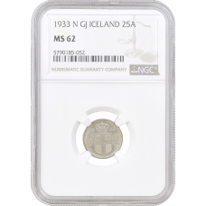 Iceland 25 aurar 1933 N, NGC MS62, "King Christian X (1922 - 1943)"