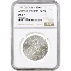 Czech Republic 200 korun 1997, NGC MS67, "100th Anniversary - Foundation of the Czech Amateur Athletic Union"