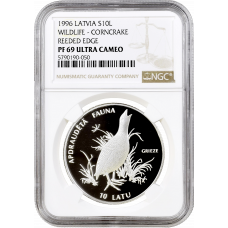 Latvia 10 latu 1996, NGC PF69 UC, "Endangered Animals - Corn Crake" Top Pop