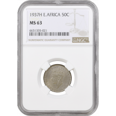 British East Africa 50 cents 1937 H, NGC MS63, "King George VI (1937 - 1952)"