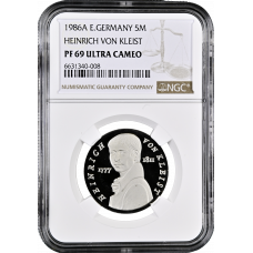 Germany - GDR 5 mark 1986, NGC PF69 UC, "175th Anniversary - Death of Heinrich von Kleist" Top Pop