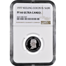 Keeling Cocos Islands 10 Rupees 1977, NGC PF66 UC, "150 Years of the Kingdom"