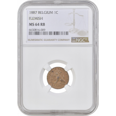 Belgium 1 centime 1887 DER, NGC MS64 RB, "King Leopold II (1865 - 1909)" THIN FLAN KM# 32.2