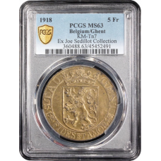 Belgium 5 francs 1918, PCGS MS63, "Ghent - WW1 German Occupation Coinage"