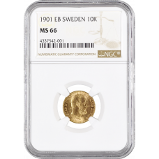 Schweden 10 Kronen 1901 EB, NGC MS66, "König Oskar II (1873 - 1907)"