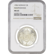 Norwegen 2 Kronen 1906, NGC MS65, "1. Jahrestag - Unabhängigkeit Norwegens"