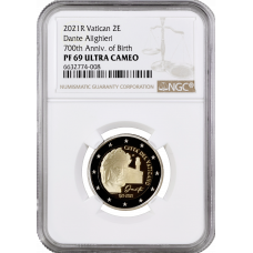 Vatikan 2 Euro 2021, NGC PF69 UC, "700. Jahrestag - Tod von Dante Alighieri"