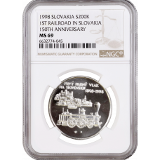 Slovakia 200 korun 1998, NGC MS69, "150th Anniv. - Railway in Slovakia" Top Pop