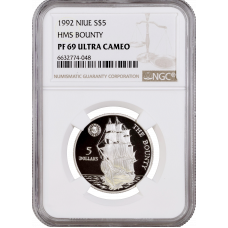 Niue 5 dollars 1992, NGC PF69 UC, "HMS Bounty"