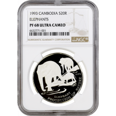 Cambodia 20 riels 1993, NGC PF68 UC, "Protection of Nature - Elephant"