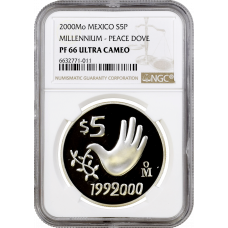 Mexico 5 pesos 2000, NGC PF66 UC, "Millennium - Hand"