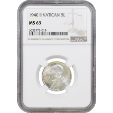 Vatikanstadt 5 Lire 1940, NGC MS63, "Papst Pius XII (1939 - 1958)"