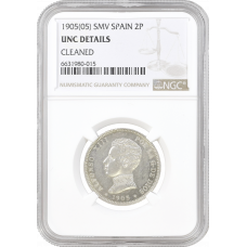 Spain 2 pesetas 1905 SMV, NGC UNC Details, "King Alfonso XIII (1886 - 1931)"