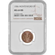 Montenegro 2 para 1906, NGC MS64 RB, "King Nikola I (1906 - 1918)"